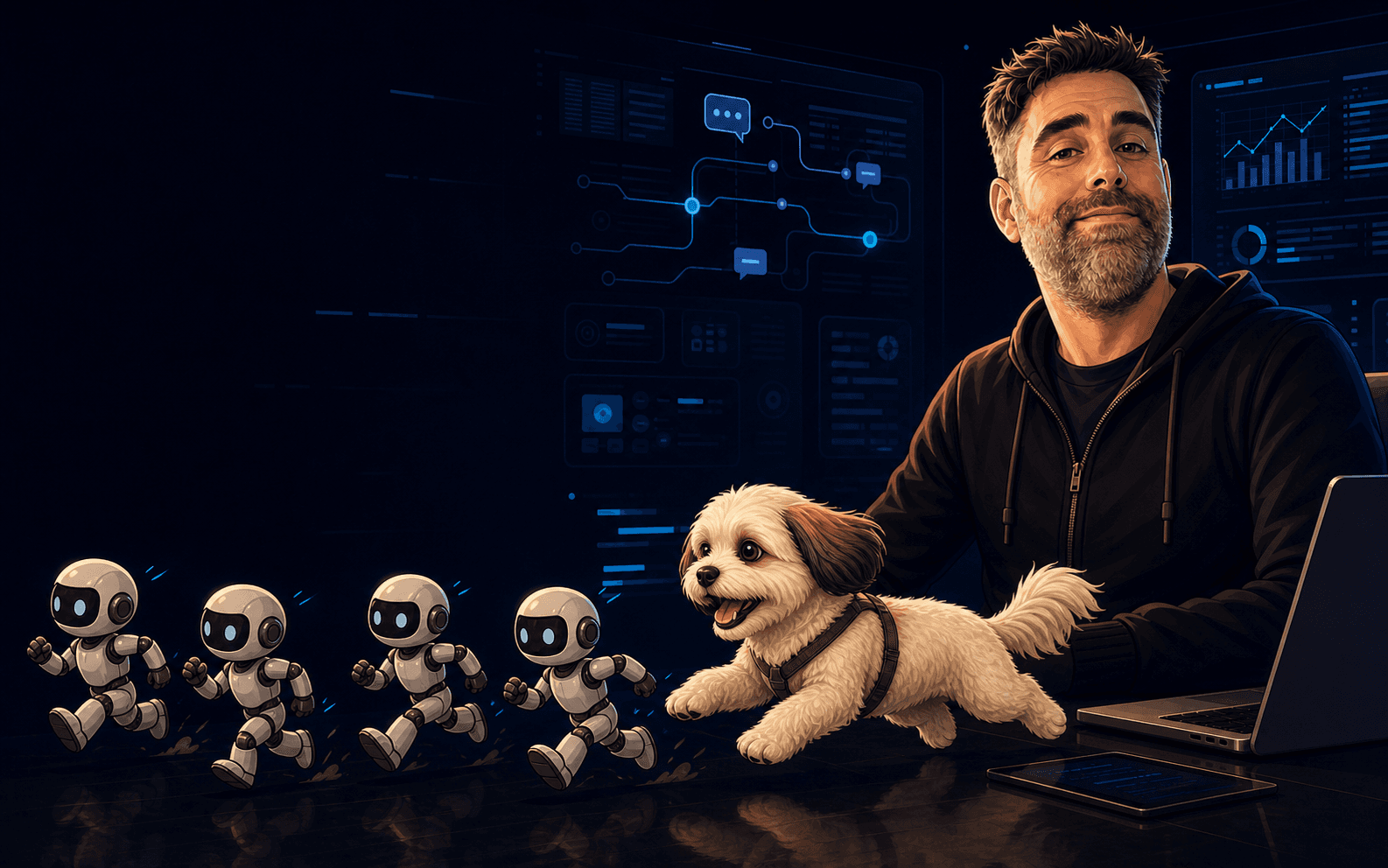 Cartoon illustration of Kevin watching his happy dog chase small robots in a dark automation dashboard room